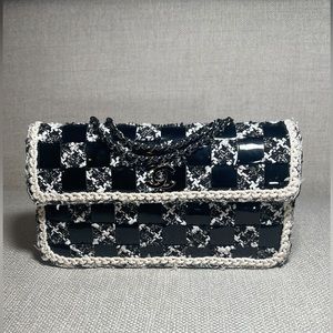 Chanel Black White Tweed Vintage Interwoven Classic Flap